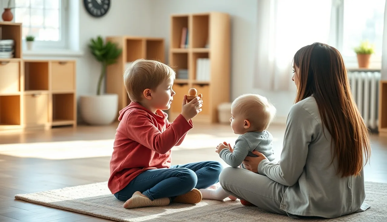 Speech therapist holding a toy at eye level while prompting a young child
