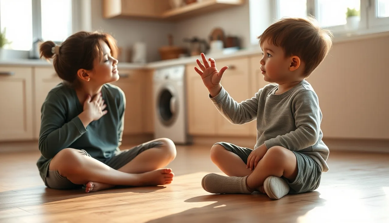 Parent demonstrating a hand sign to a young child practicing unaided AAC at home