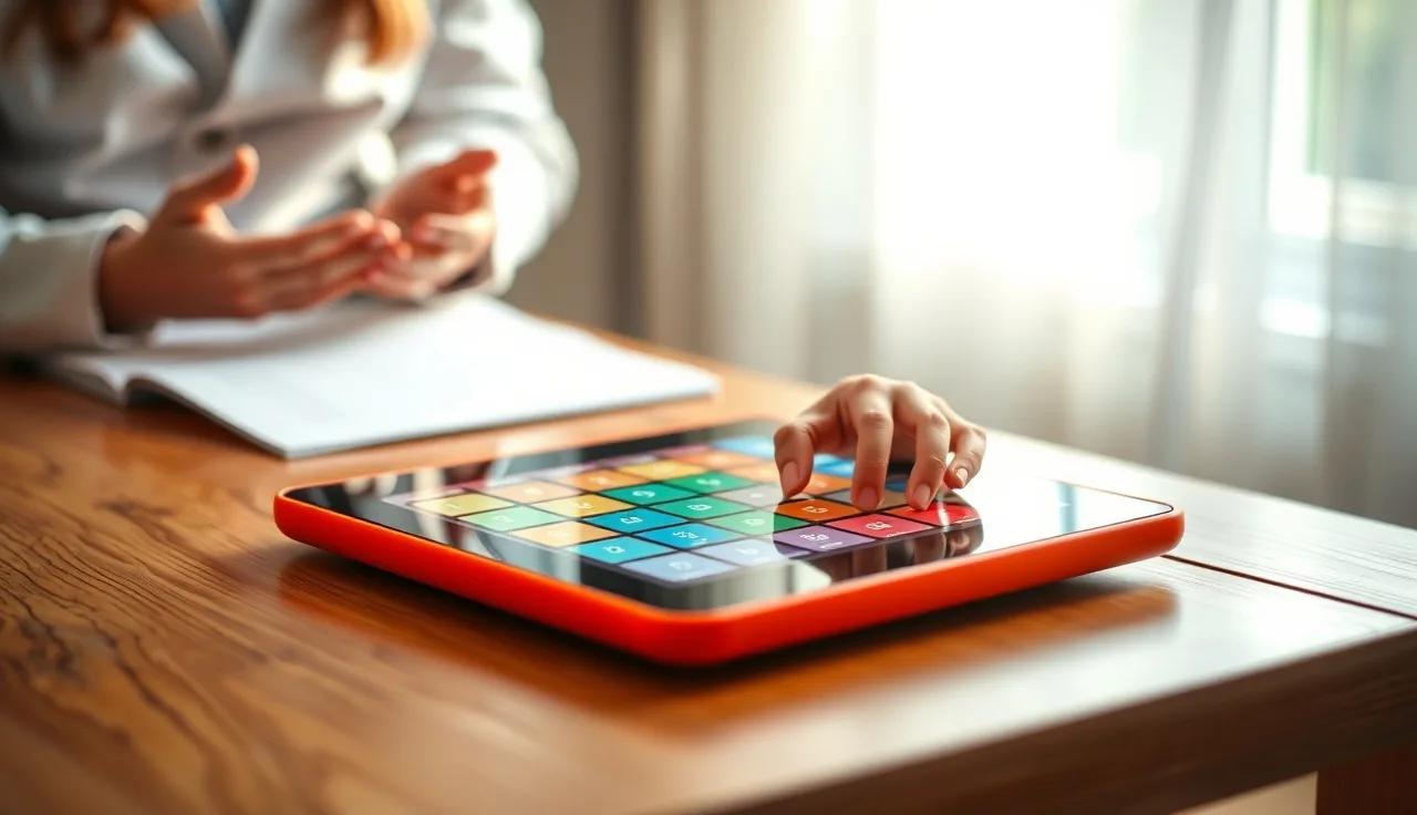 Child's hands touching a large-grid AAC communication device on a therapy table