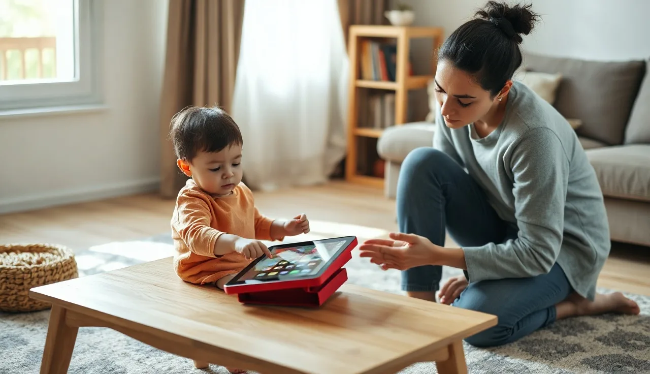 Child using an AAC tablet device on the floor with a parent nearby