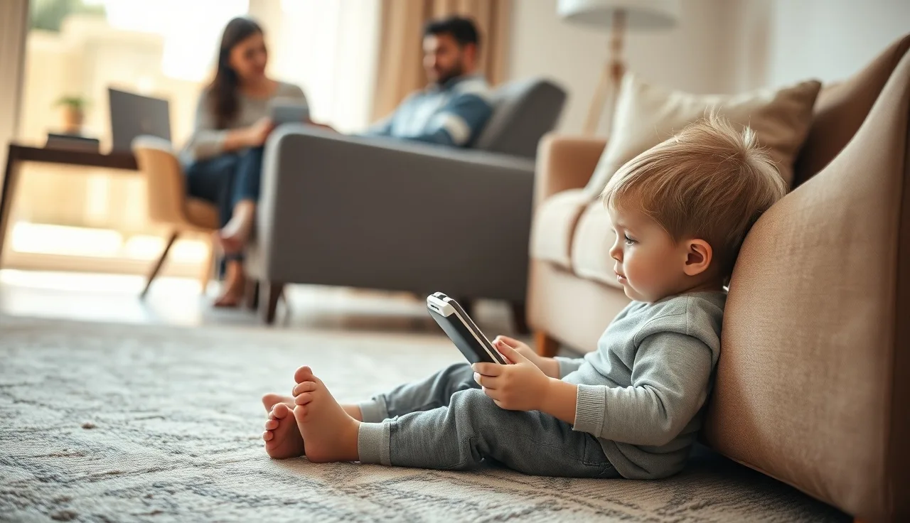 Young child watching a tablet on a living room floor during video modeling practice