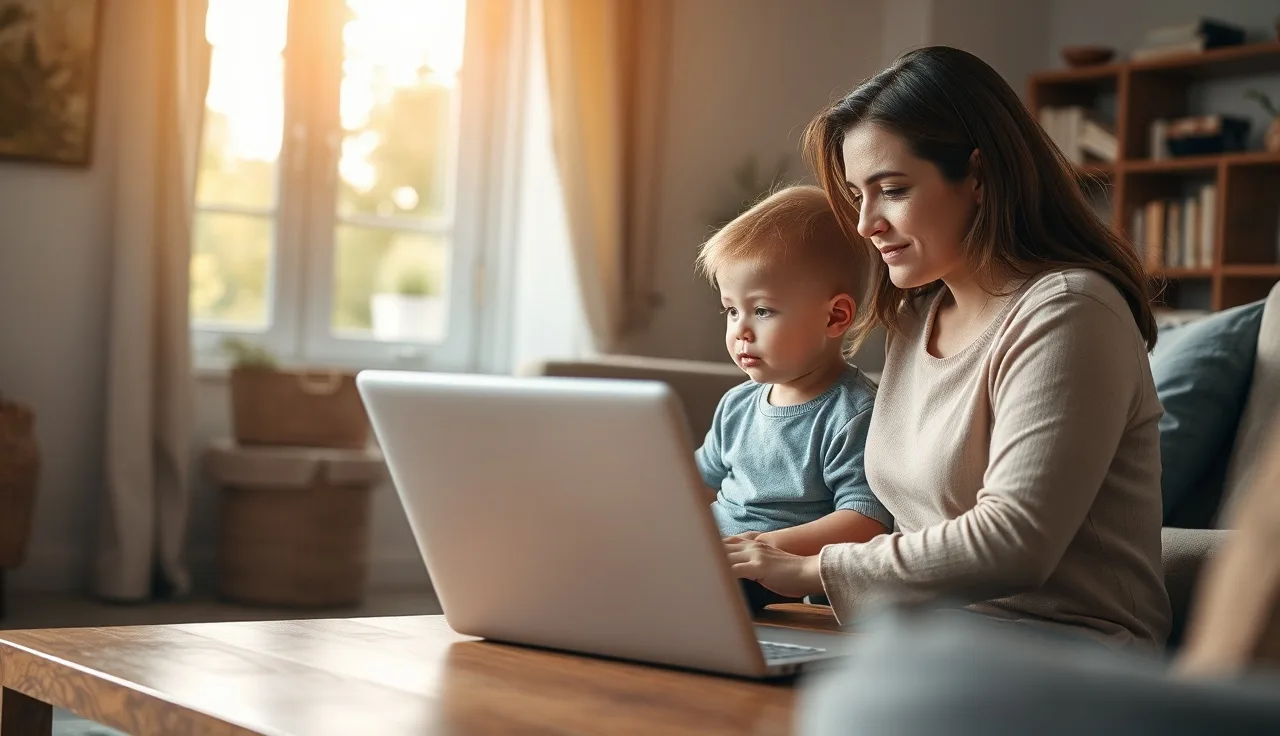 Child and parent sitting together at home during a virtual speech therapy session