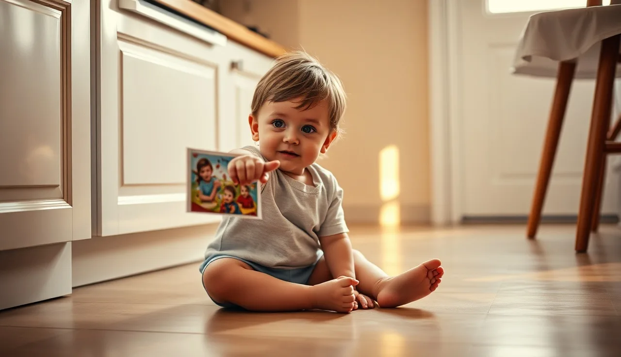 Young child pointing to a picture card for communication at home