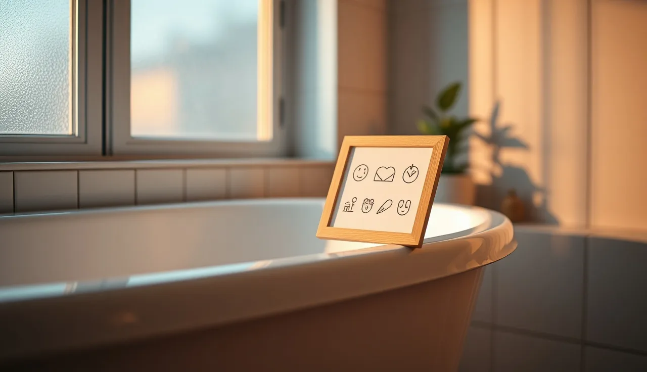 Waterproof picture communication board resting on the edge of a bathtub