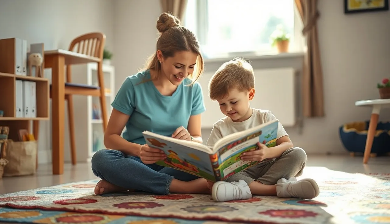 Speech therapist and young child looking at a picture book during a wh questions therapy session
