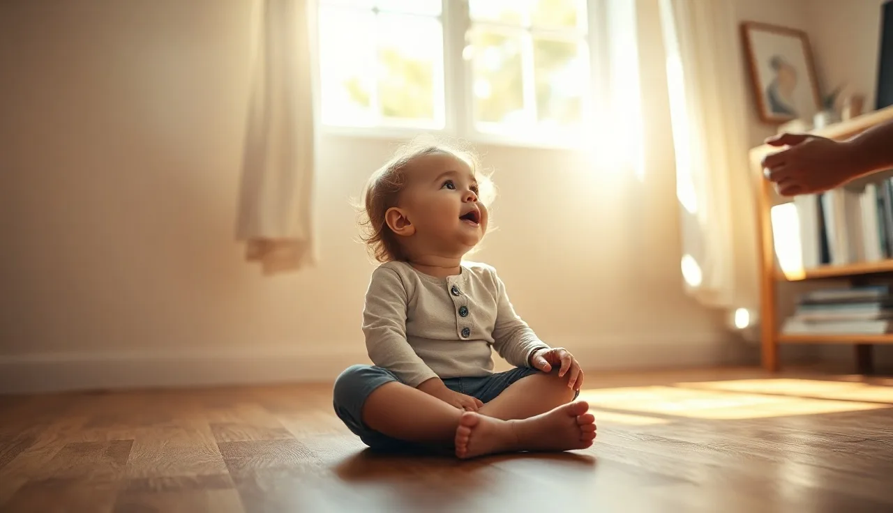 Young child attempting to speak on a sunlit living room floor with parent nearby