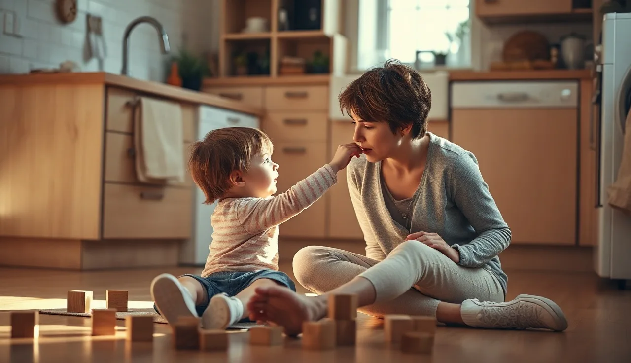 Toddler and parent in conversation on a kitchen floor with wooden blocks nearby