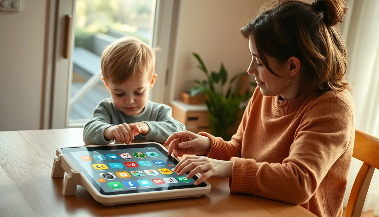 Young child using a speech-generating AAC device at a home table