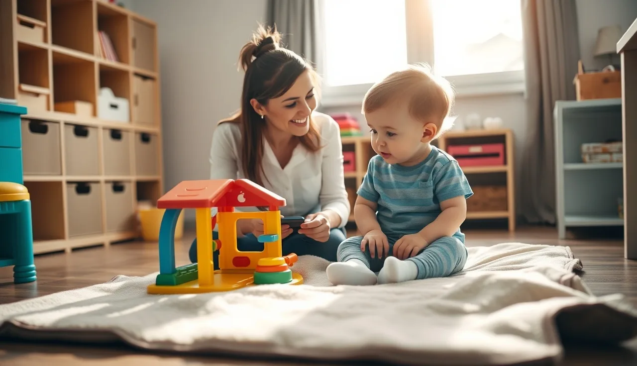 Speech therapist and toddler playing with toys on a mat during a therapy session