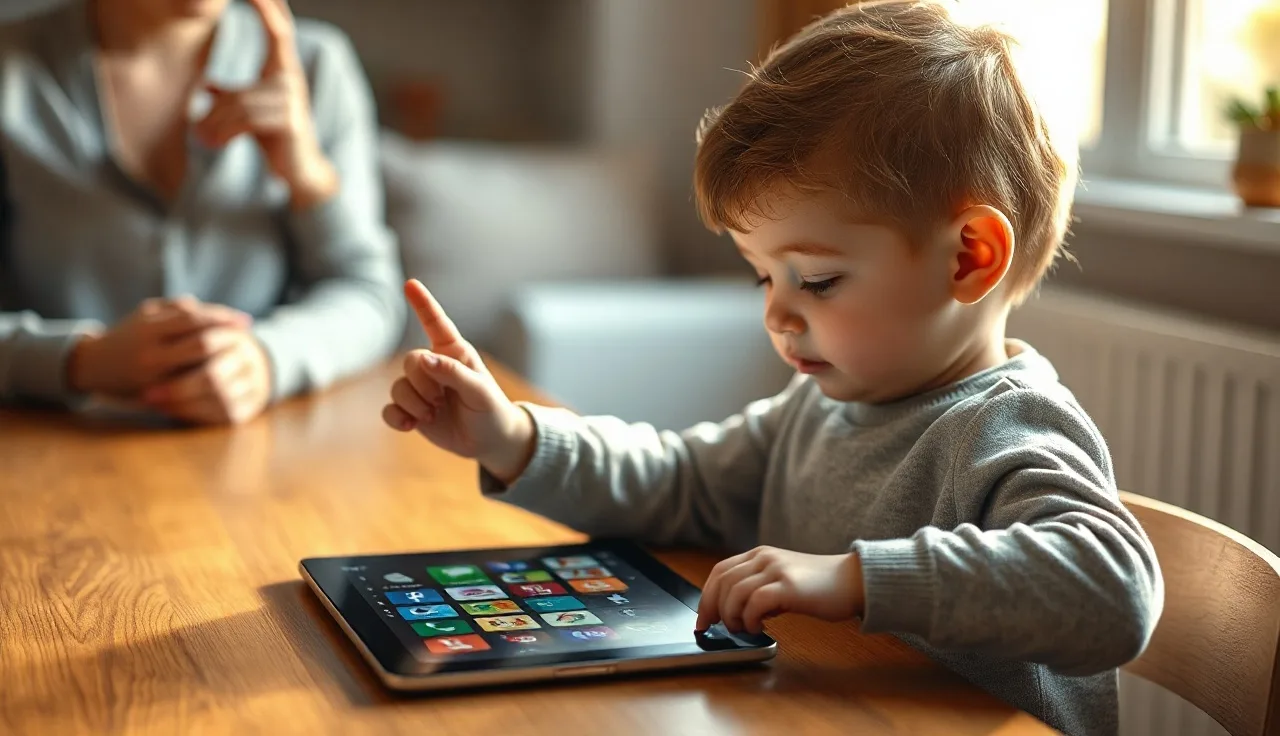 Young child pointing at symbol grid on tablet for AAC communication