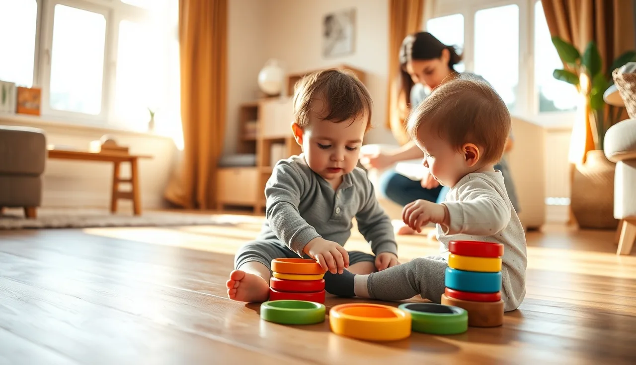 Toddler playing with stacking rings at home as early intervention ends at age three