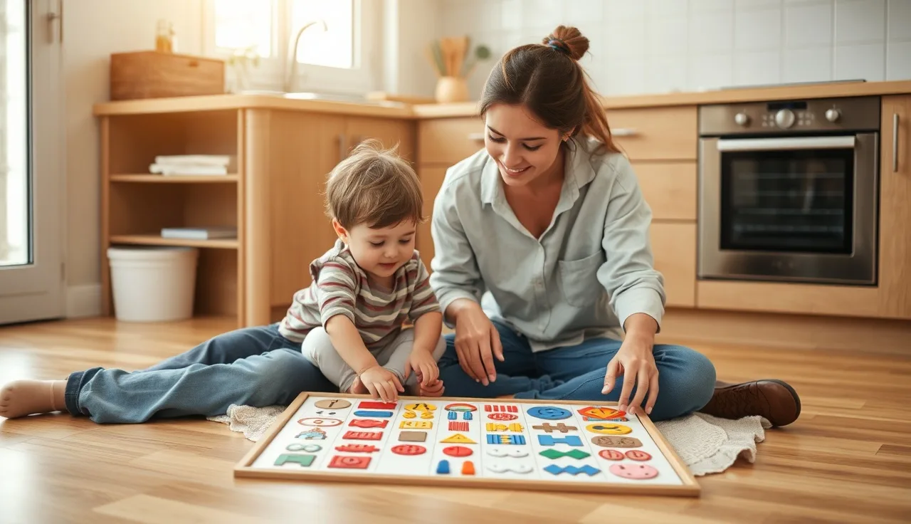 Parent pointing to a picture symbol board with a young child at home