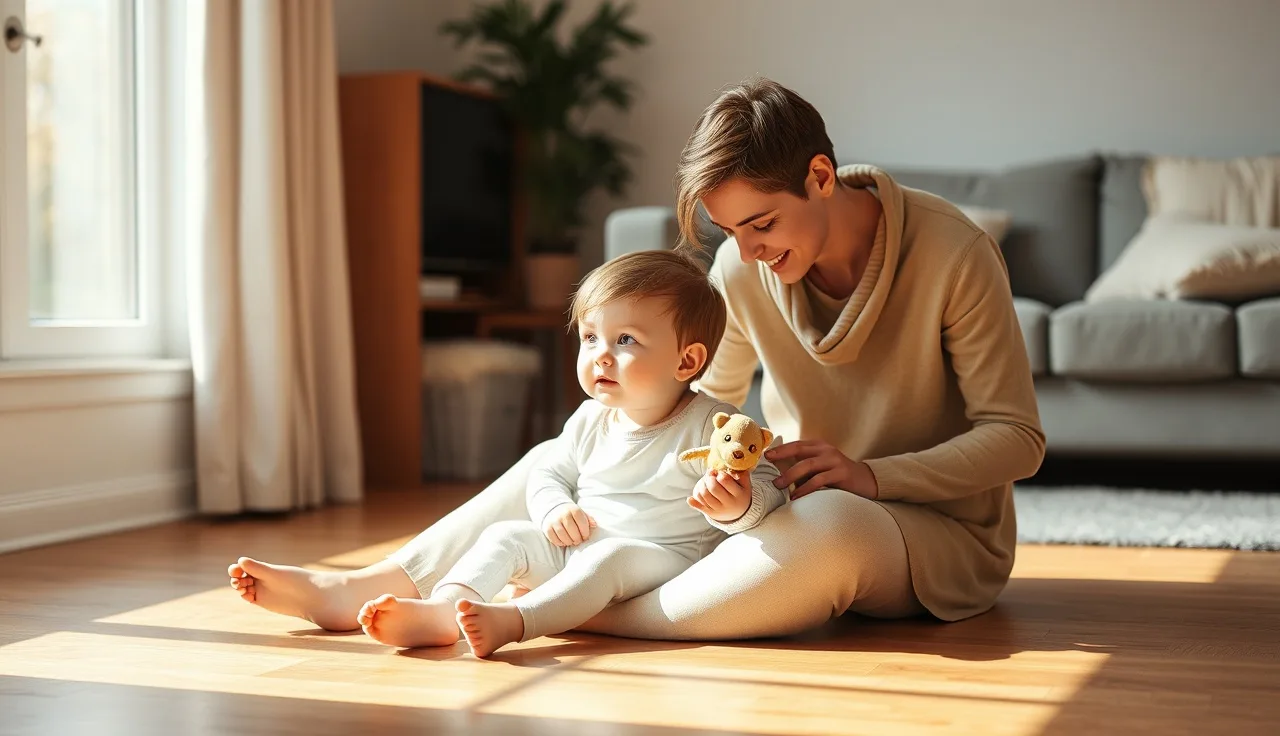 Toddler and parent on a wooden floor communicating with a toy animal