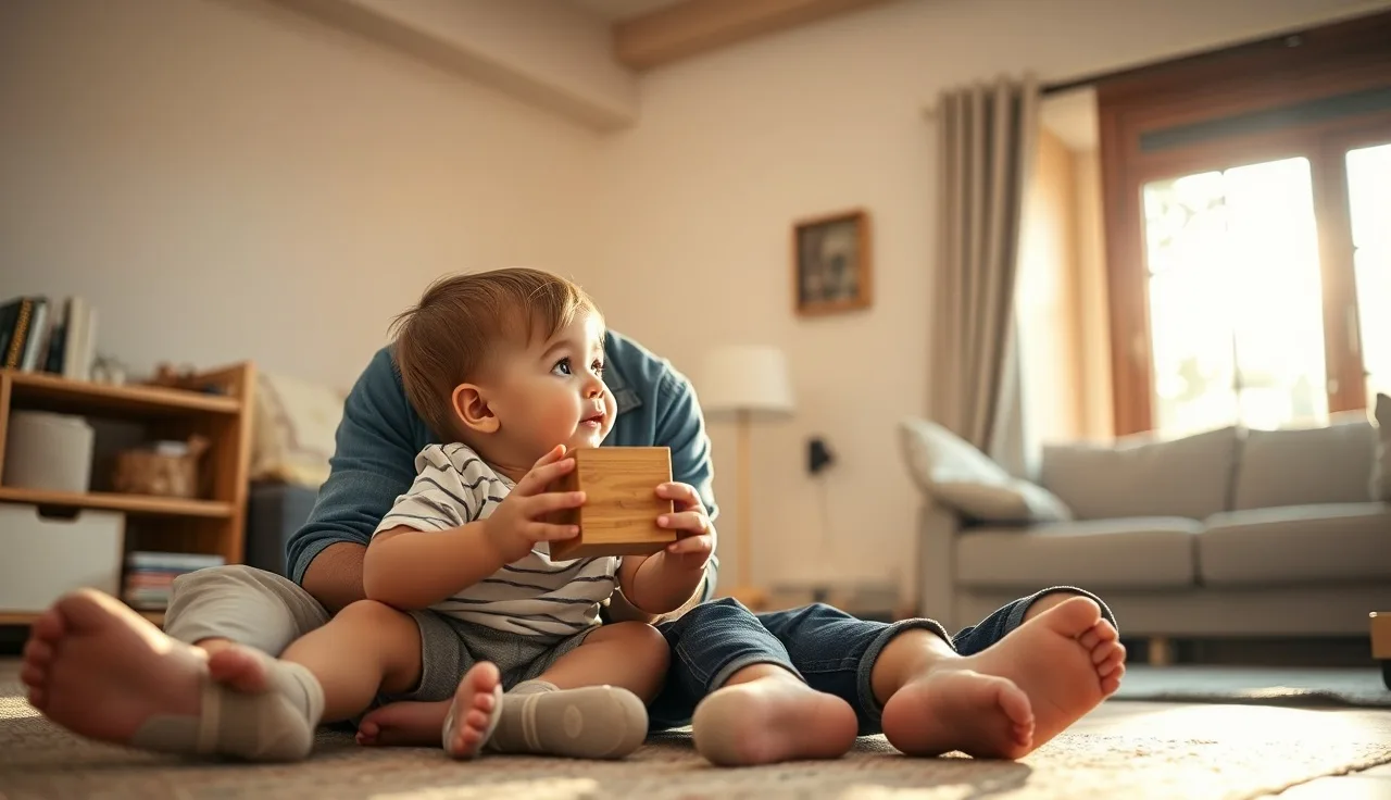 Toddler and parent having a face-to-face conversation on a sunny living room floor