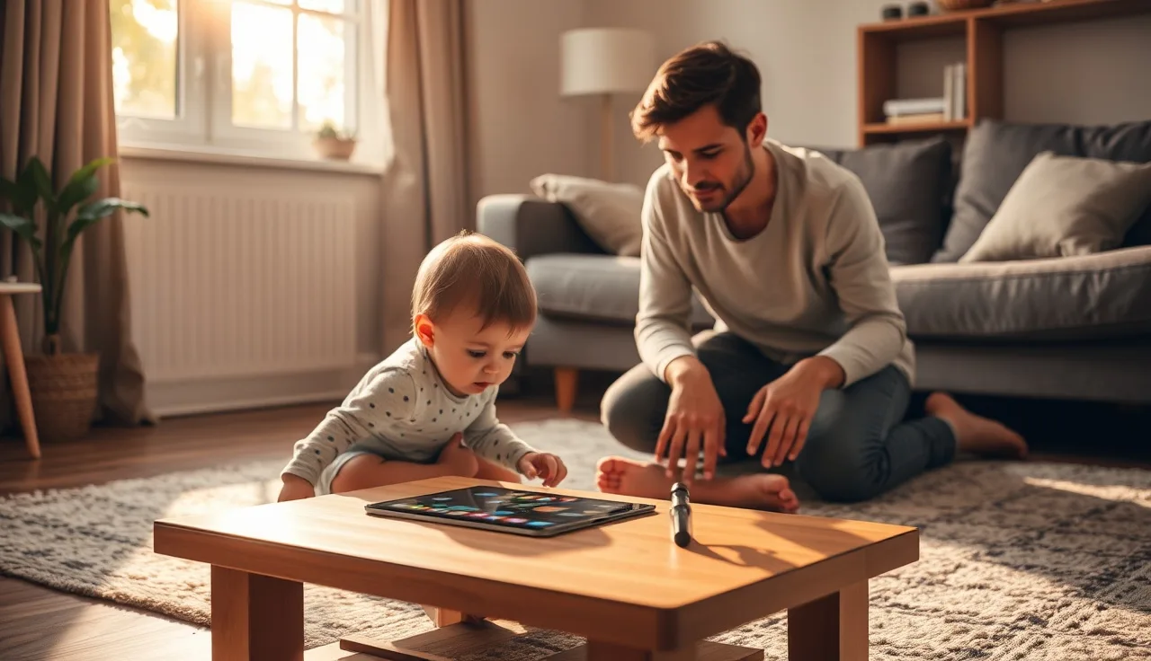 Young child reaching toward an AAC tablet device on a living room floor
