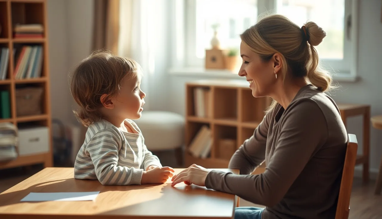 Therapist gently guiding a child's jaw during a PROMPT speech therapy session