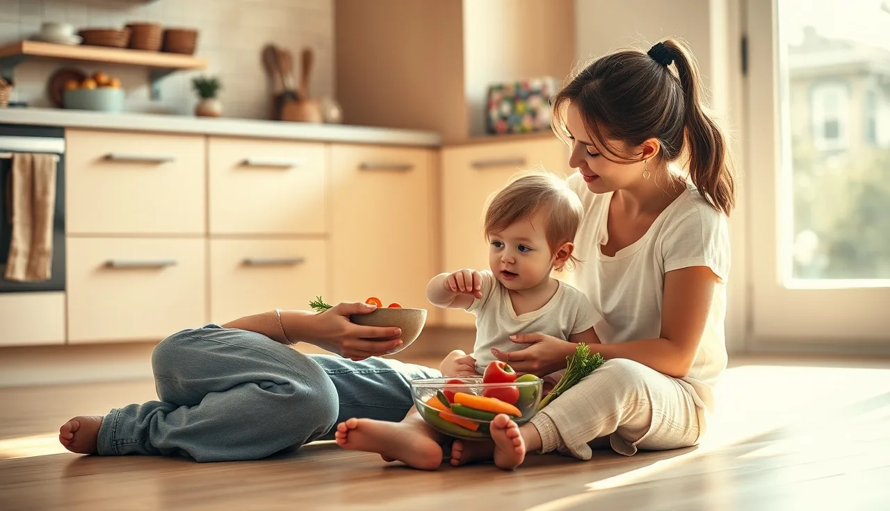 Mother and young child sharing a quiet guided activity on a kitchen floor
