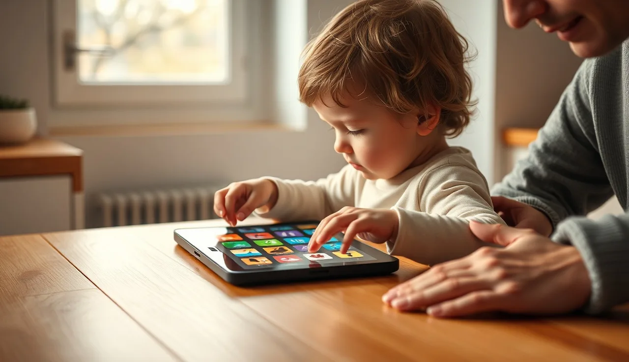 Young child using an AAC tablet device at a kitchen table with parent nearby