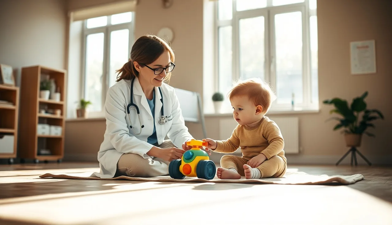 Clinician and toddler doing structured play observation on a clinic mat