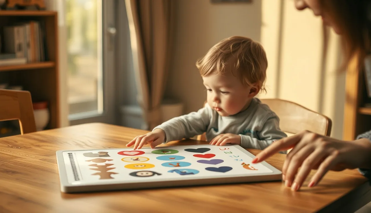 Child reaching toward a colorful AAC symbol communication board on a wooden table
