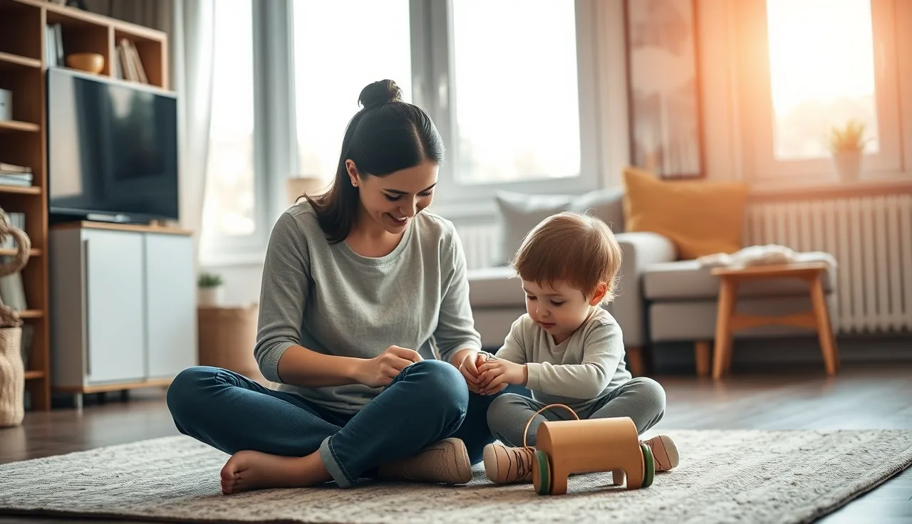 Mother at floor level with toddler playing with wooden toy, warm light