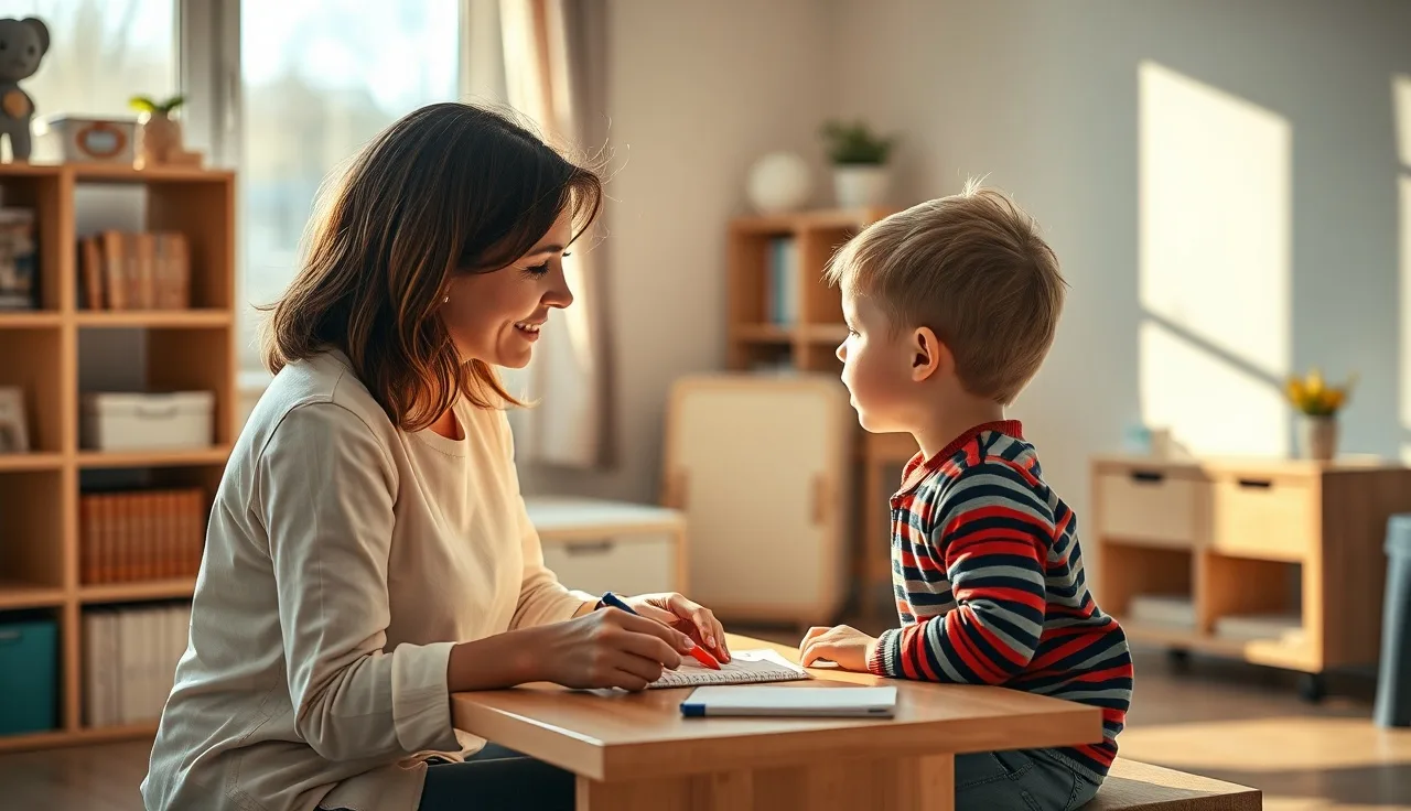 Speech therapist watching a young child produce a speech sound during therapy session
