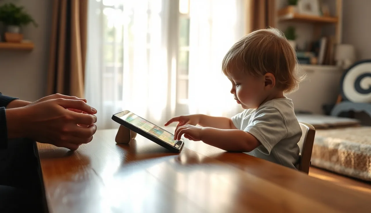 Young child tapping AAC communication symbols on a tablet at home