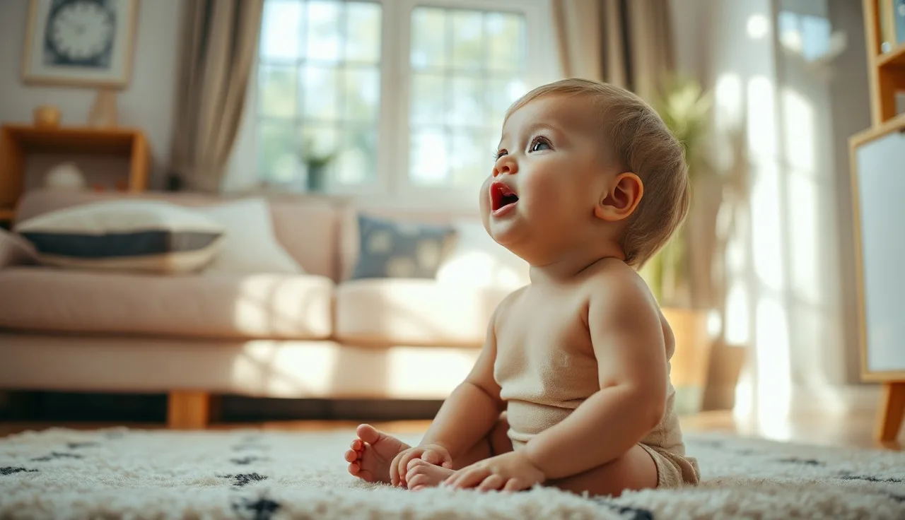 Young child speaking aloud in a sunlit living room, echolalia concept