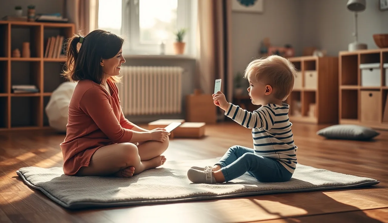 Speech therapist showing a picture card to a toddler during a standardized language assessment