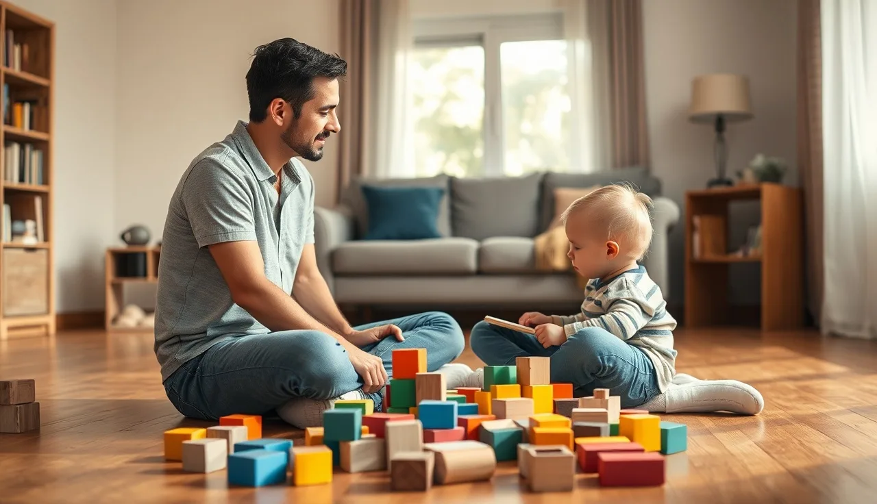 Parent and toddler sitting face to face on floor during communication play