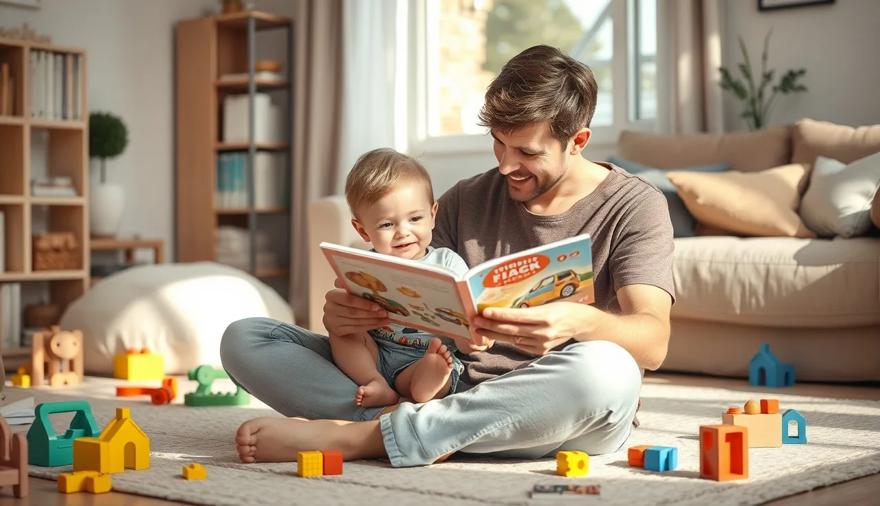 Parent reading a picture book with a toddler on a living room floor while waiting for speech therapy