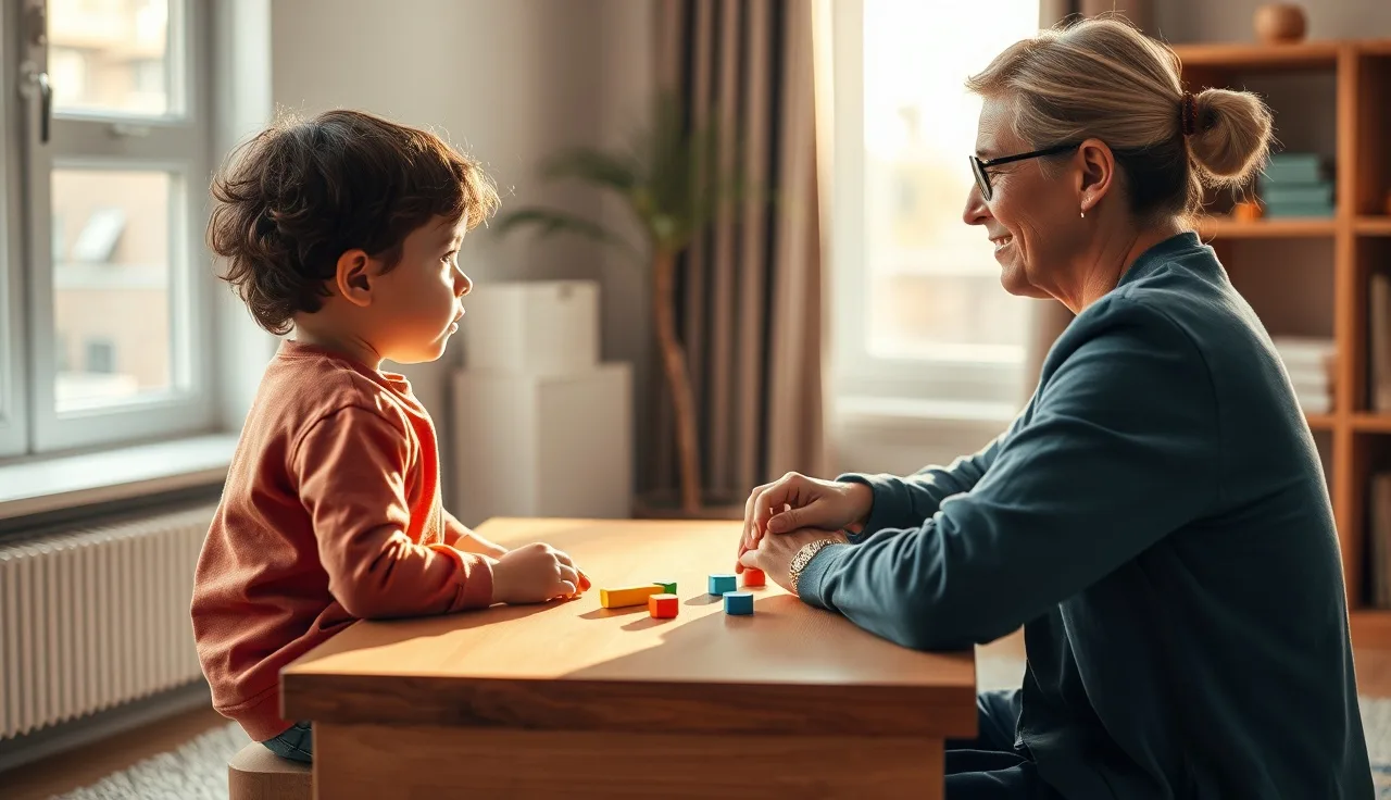 Child and therapist working together at table during speech therapy session