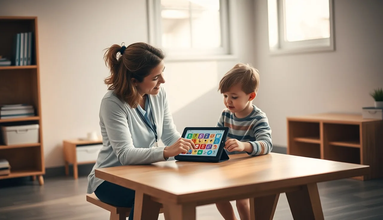 Child touching AAC symbol grid on tablet during speech therapy evaluation session