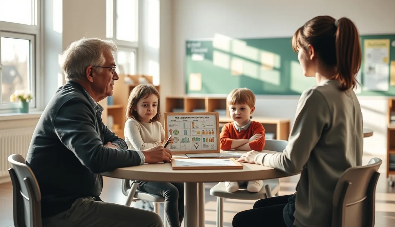 Parent and child at an IEP meeting table with an AAC communication board
