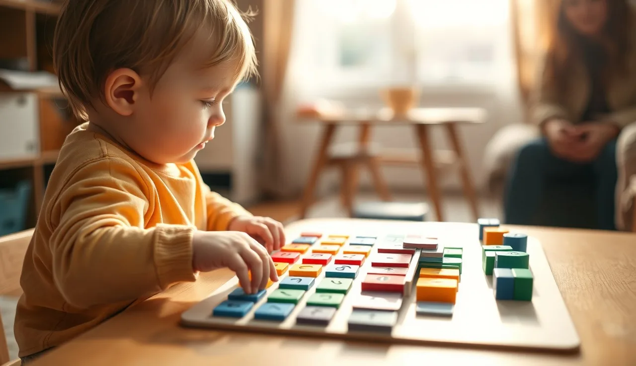 Young child using a symbol communication board on a wooden table with caregiver