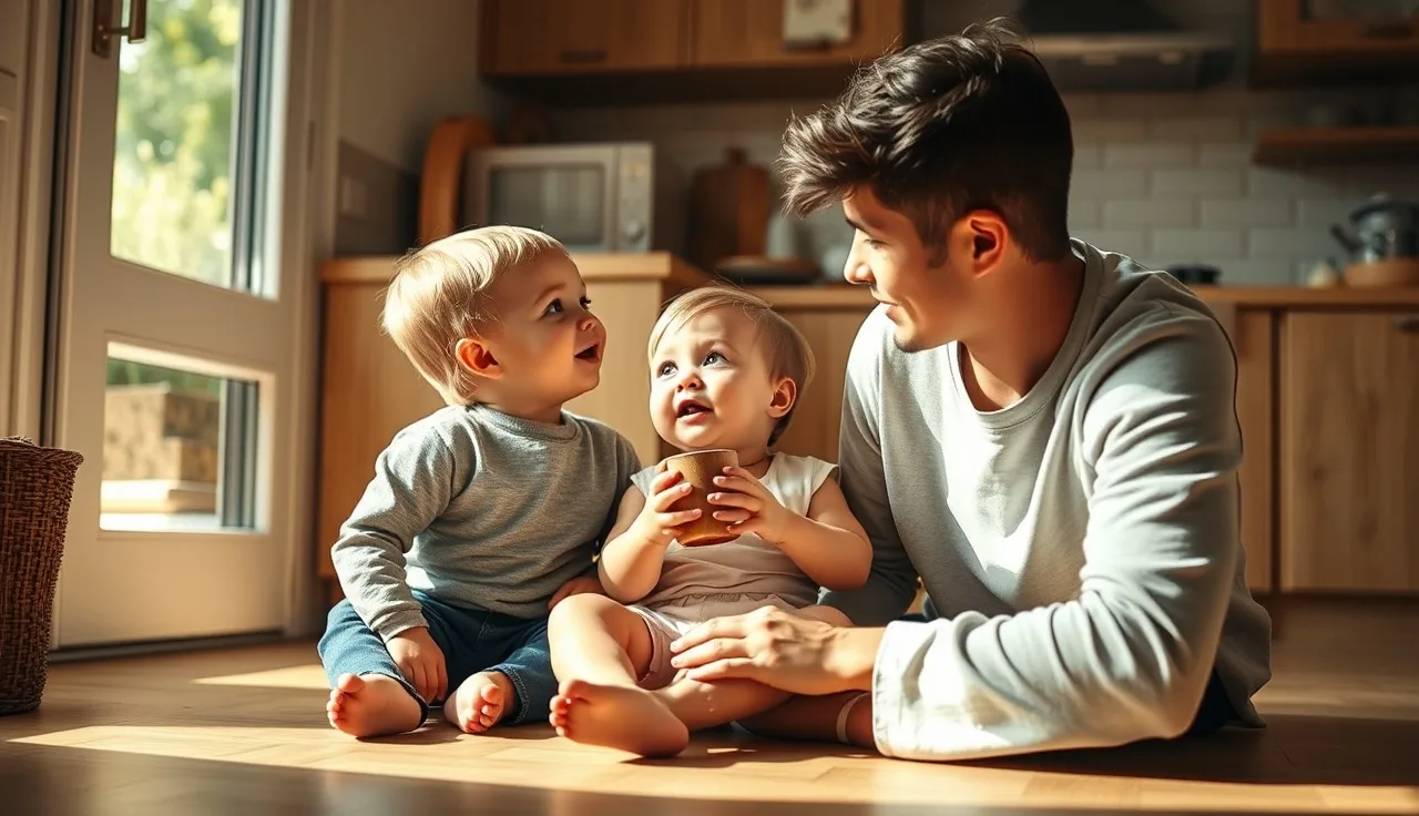 Toddler and parent on kitchen floor practicing words with a small wooden cup