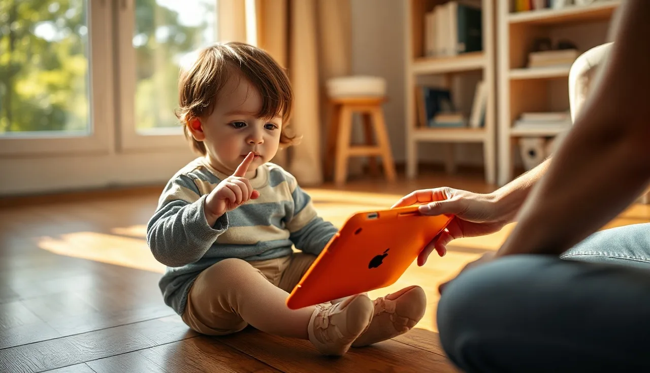 Young child pressing symbols on an AAC tablet device on a wooden floor