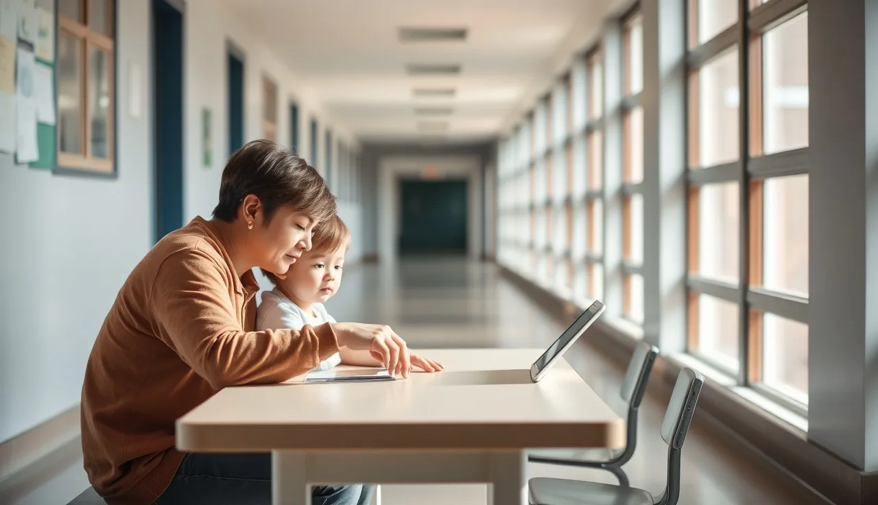 Parent and child at a school table with an AAC communication tablet