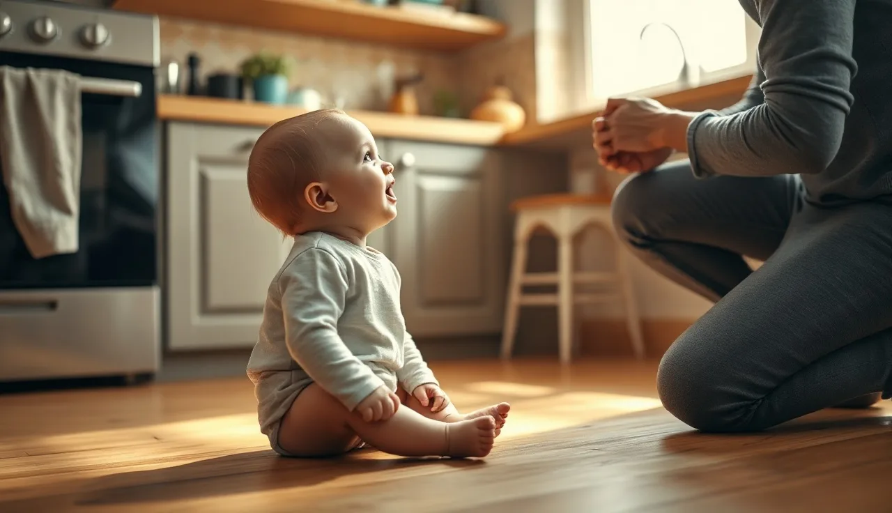 Toddler babbling up at a parent in a sunlit kitchen, early speech moment