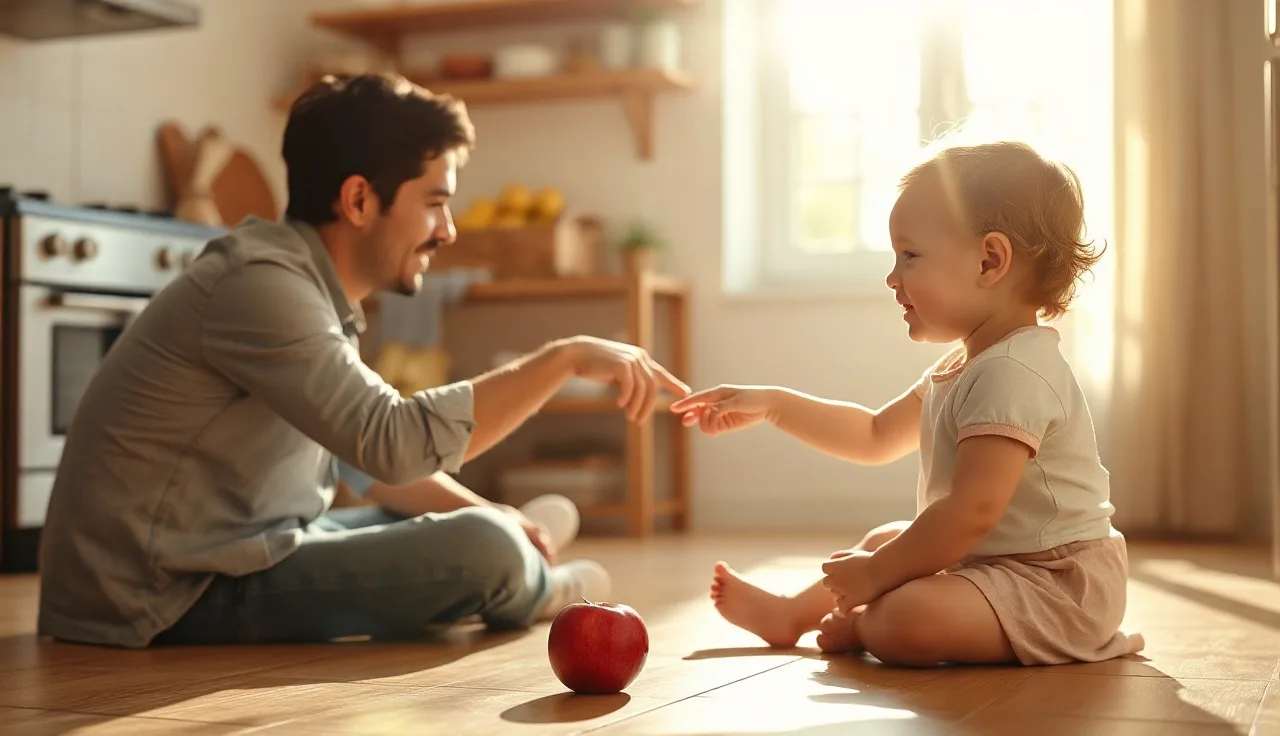 Parent and toddler face to face on a kitchen floor during a language interaction
