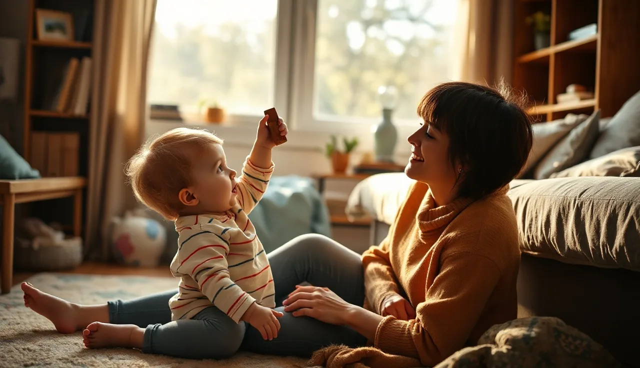 Toddler and parent on floor in natural light during communication play at home