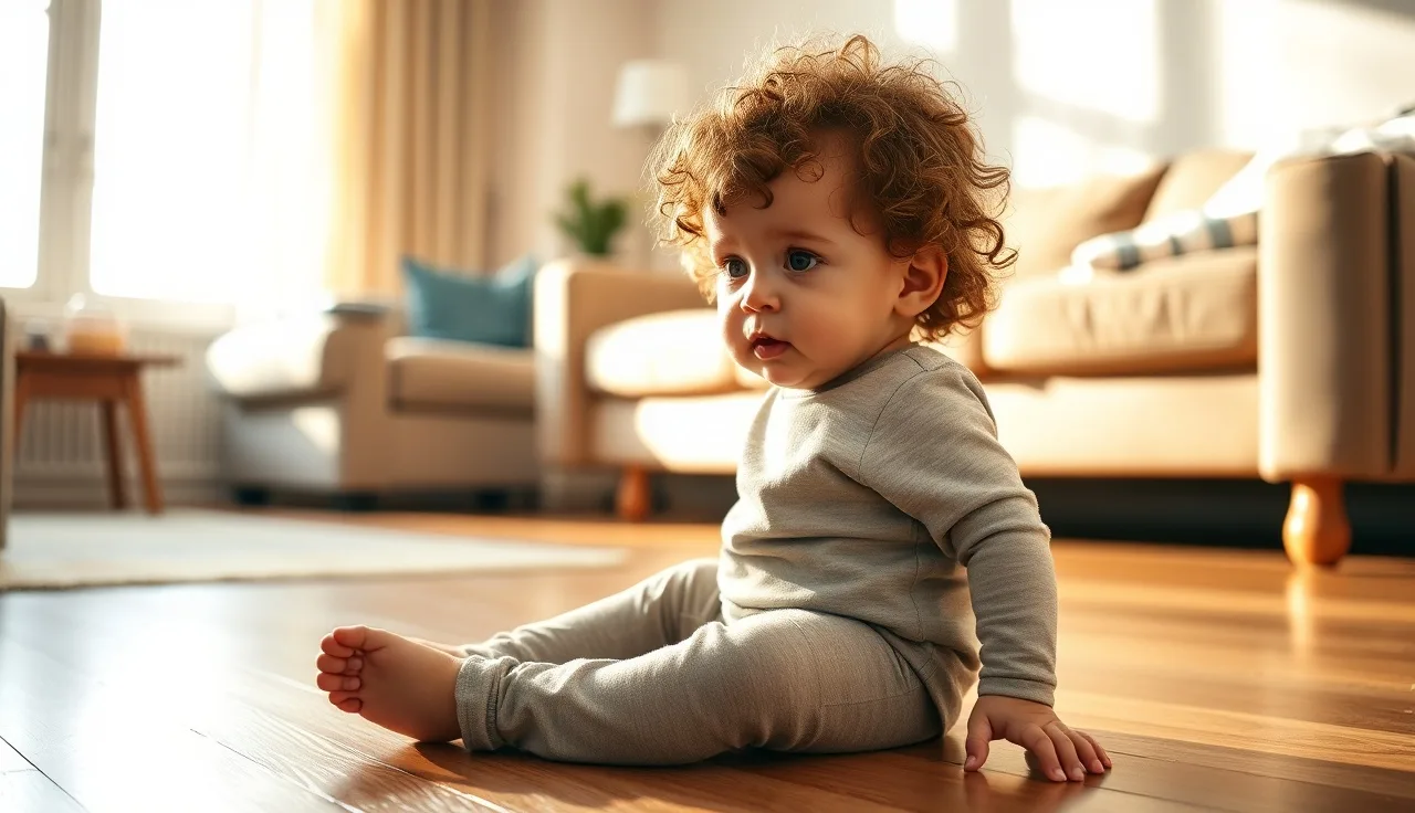 Toddler pointing across a sunlit living room while a parent watches attentively