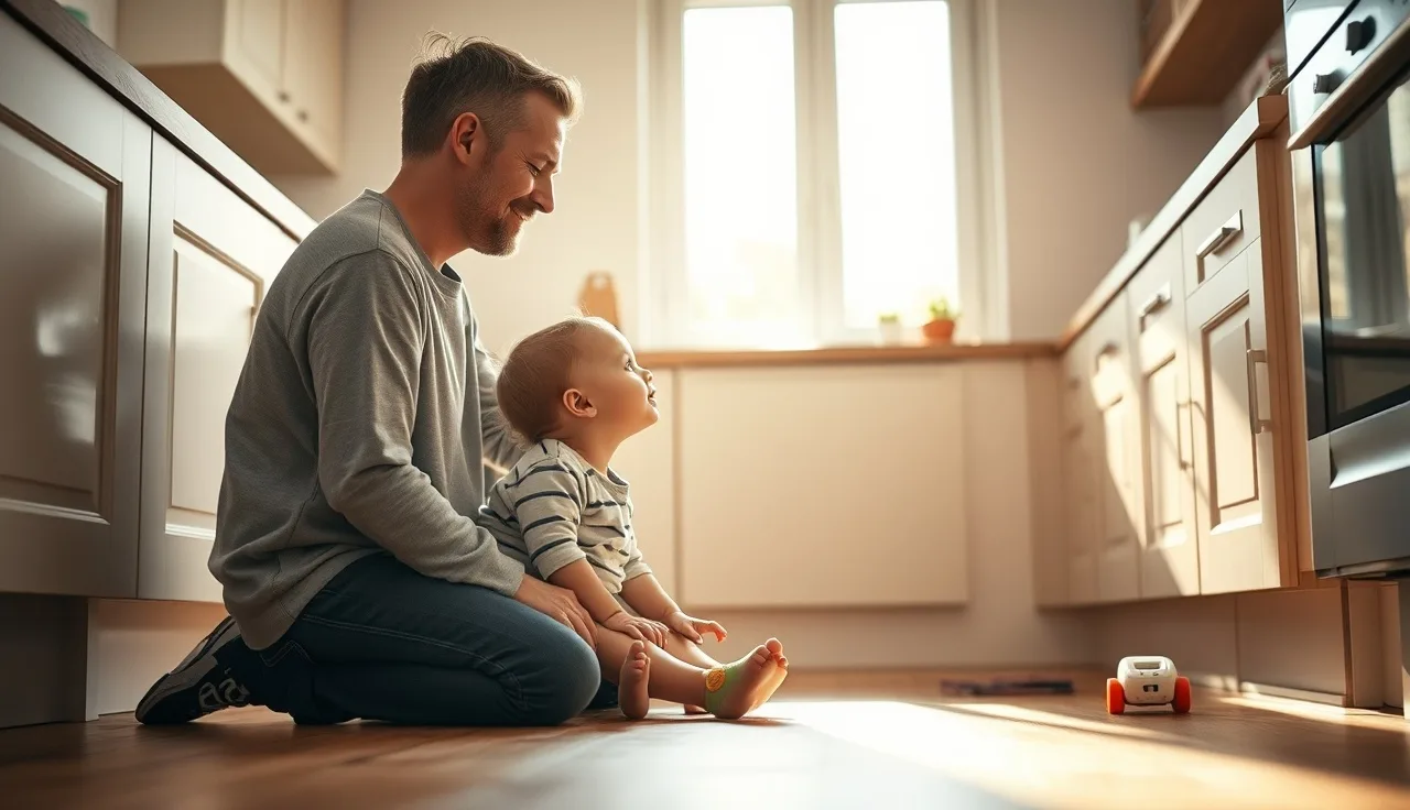 Young child looking up at parent kneeling on kitchen floor, soft morning light