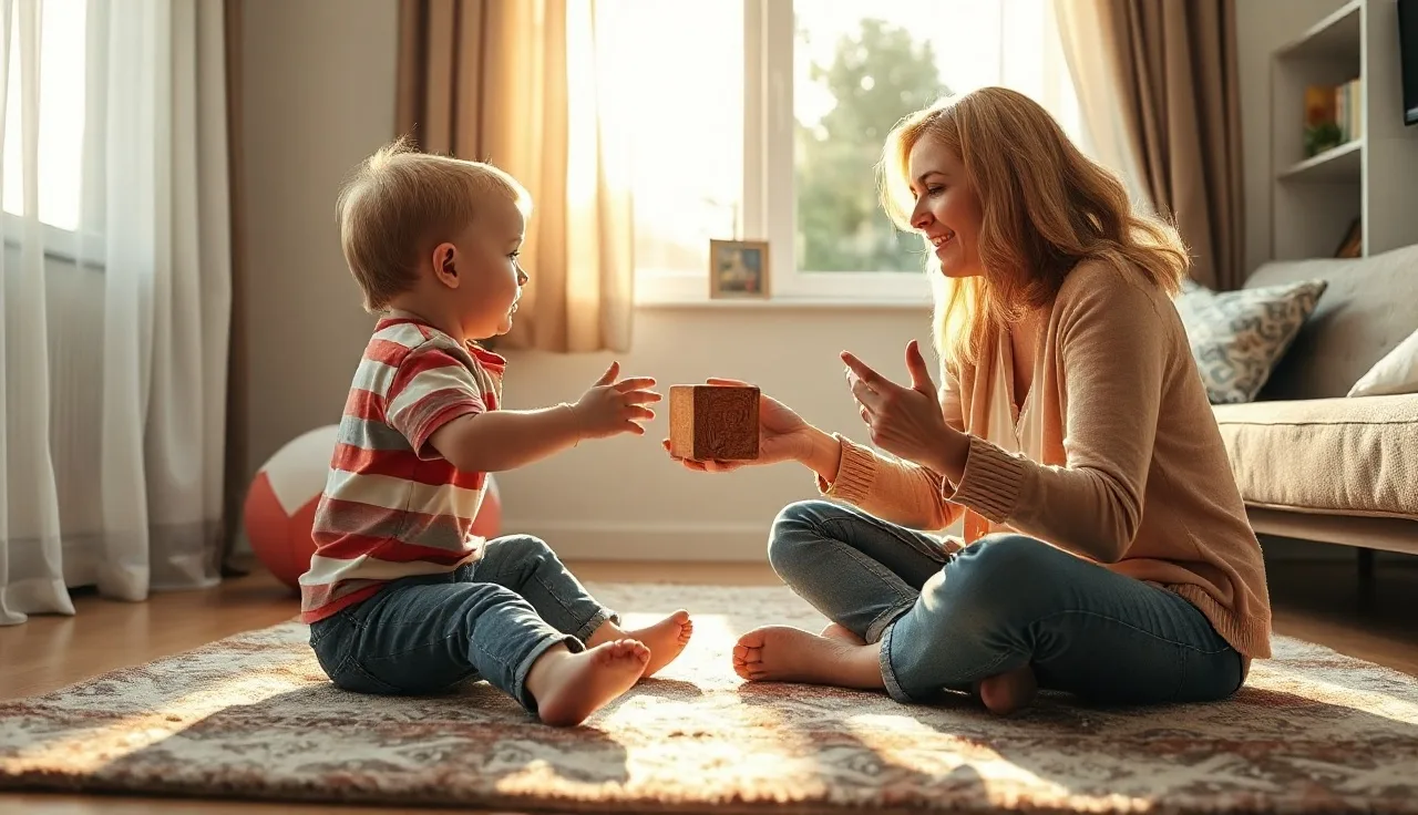 Toddler and caregiver practicing face-to-face communication during early intervention play