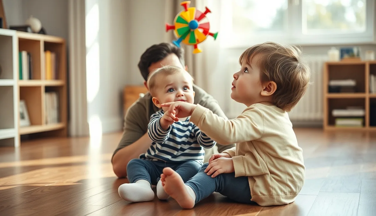 Toddler pointing at a toy while making eye contact with parent during play