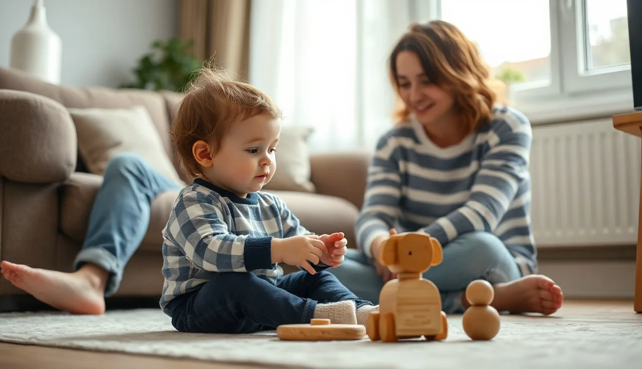 Toddler boy playing on living room floor while parent watches attentively nearby