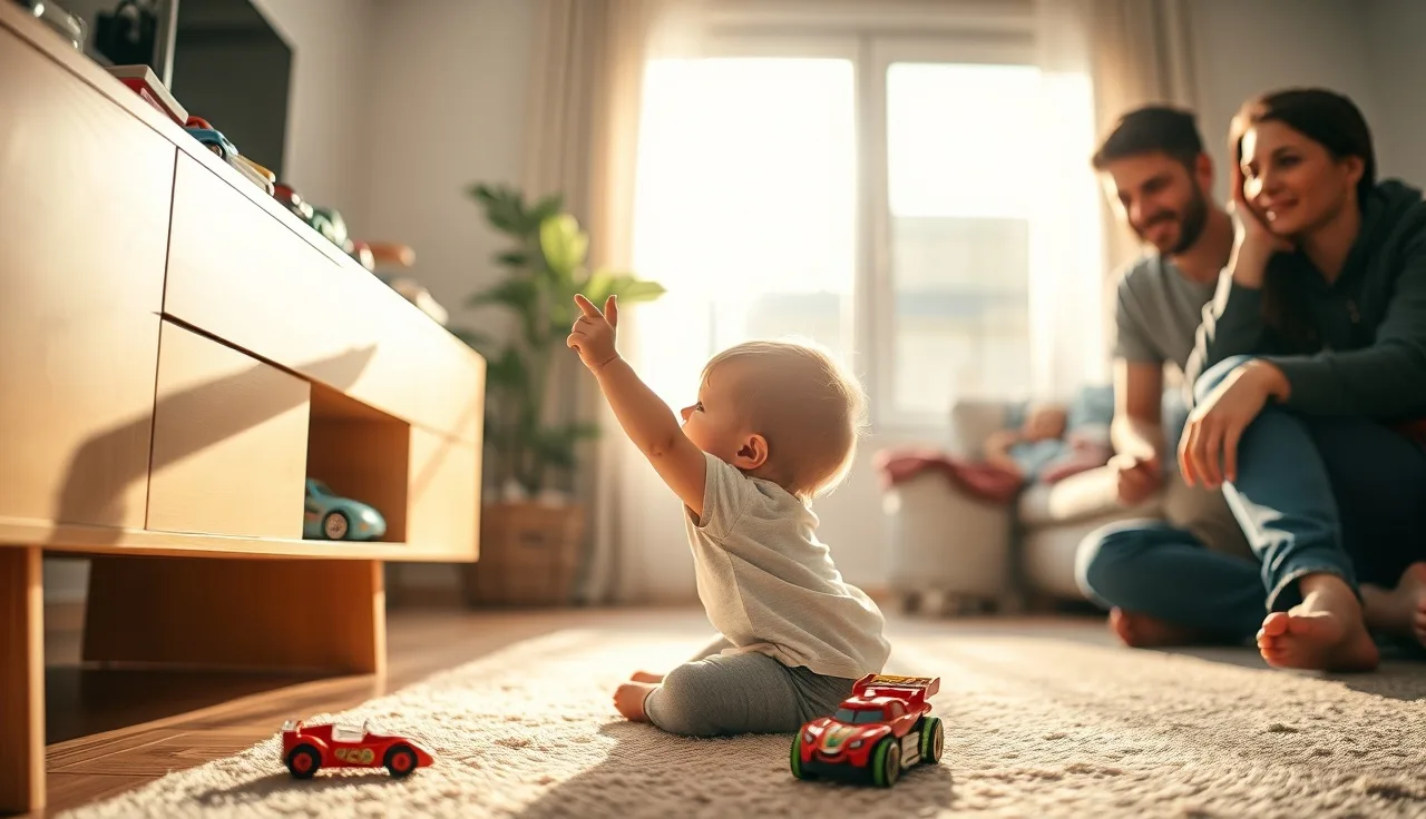Young child reaching for toys on a shelf while parent watches nearby