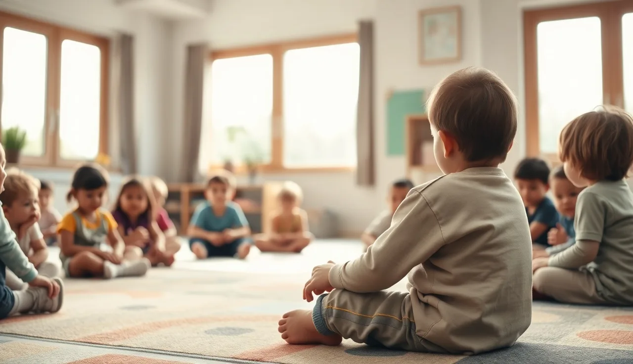 Young child sitting quietly at preschool circle time while classmates talk