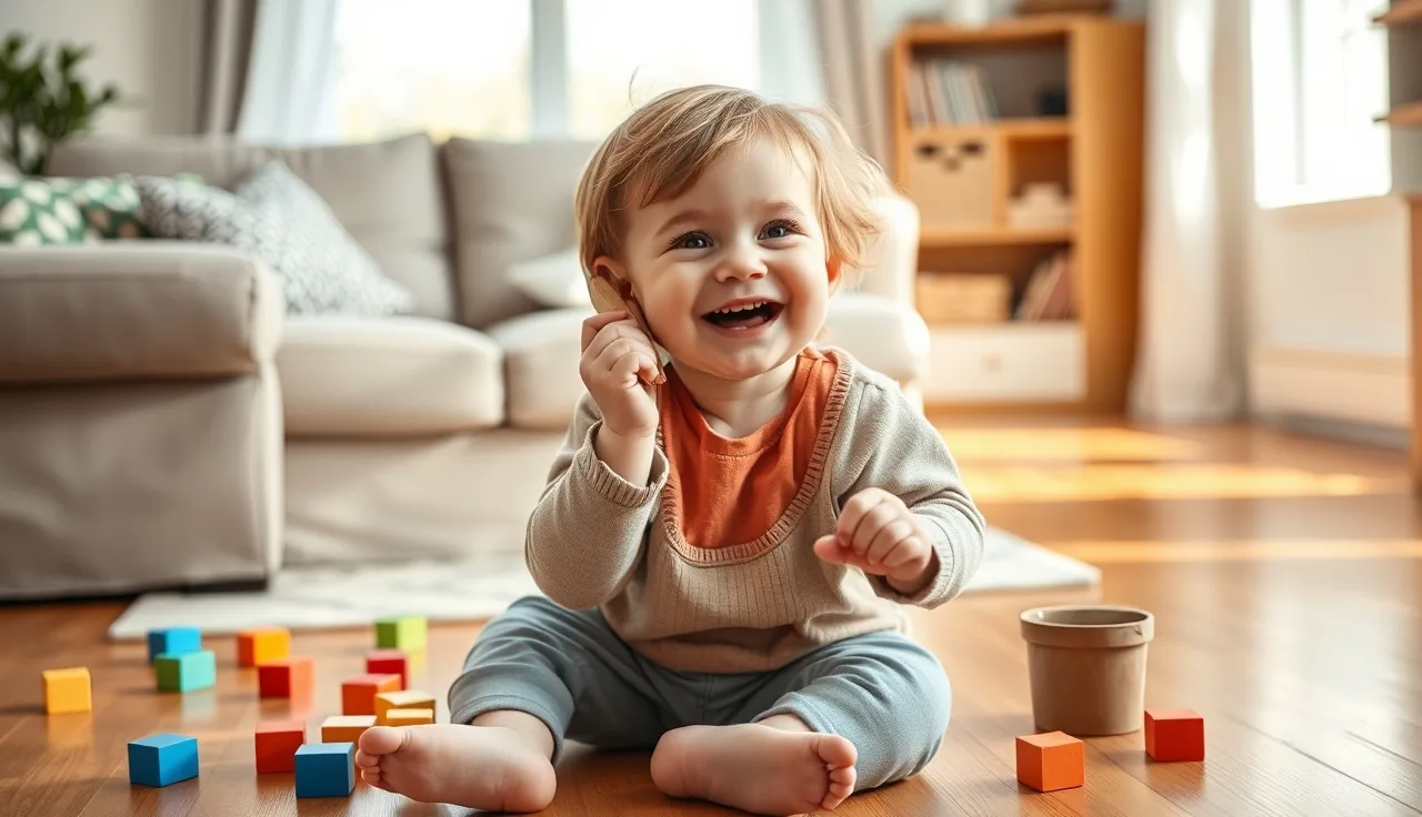 Toddler pretending a wooden spoon is a phone during pretend play at home