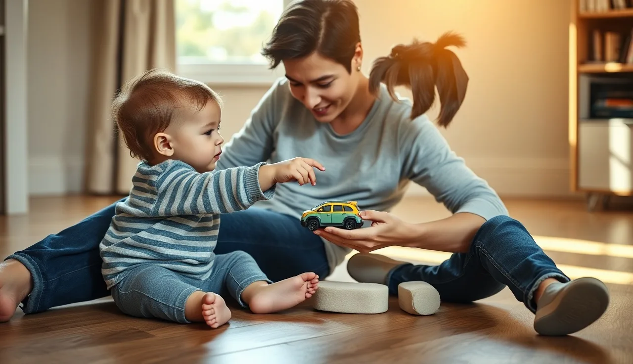 Toddler reaching for toy car held by parent during language play session